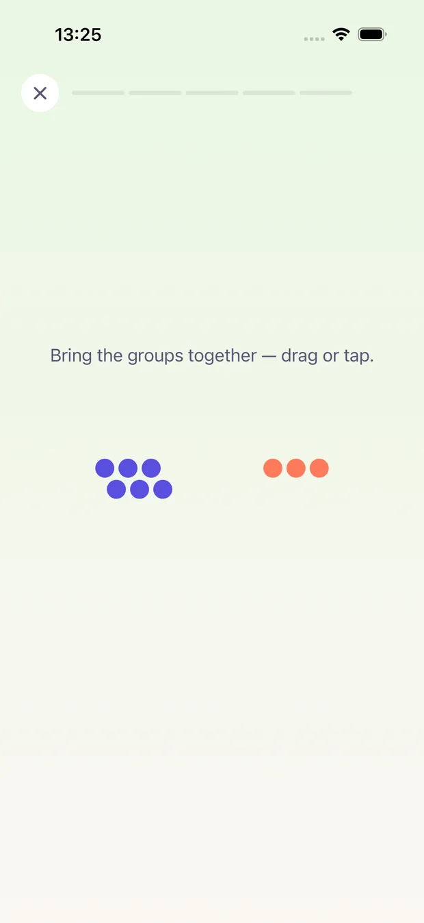 A Numera explanation screen showing two groups of dots being brought together.