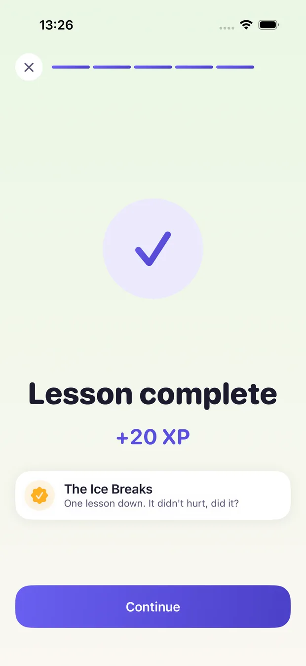 Numera lesson complete screen awarding 20 XP and the achievement The Ice Breaks.