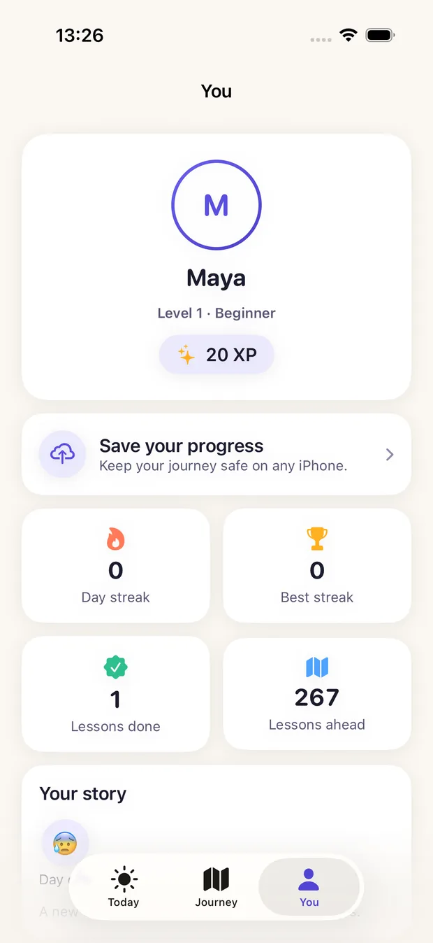 The You tab: level, streak, lessons done and lessons ahead.