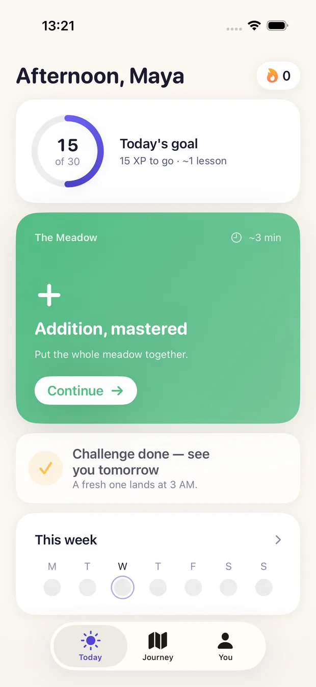 The home screen with the daily challenge complete.