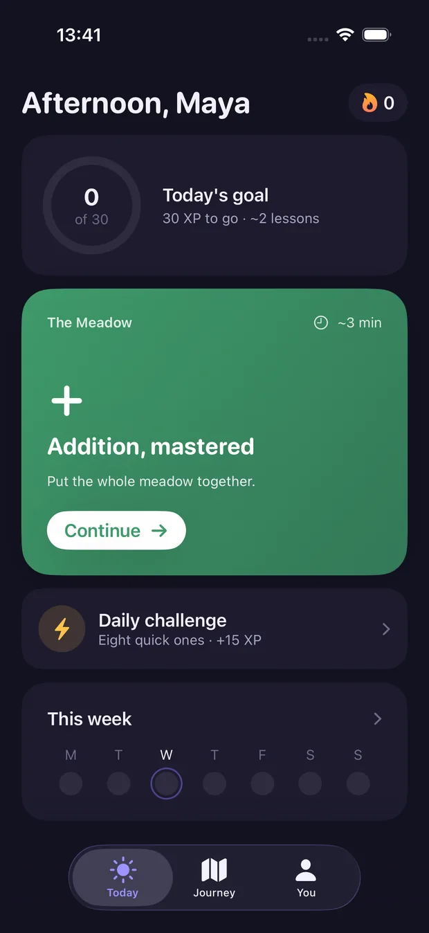 The Numera home screen in dark mode.